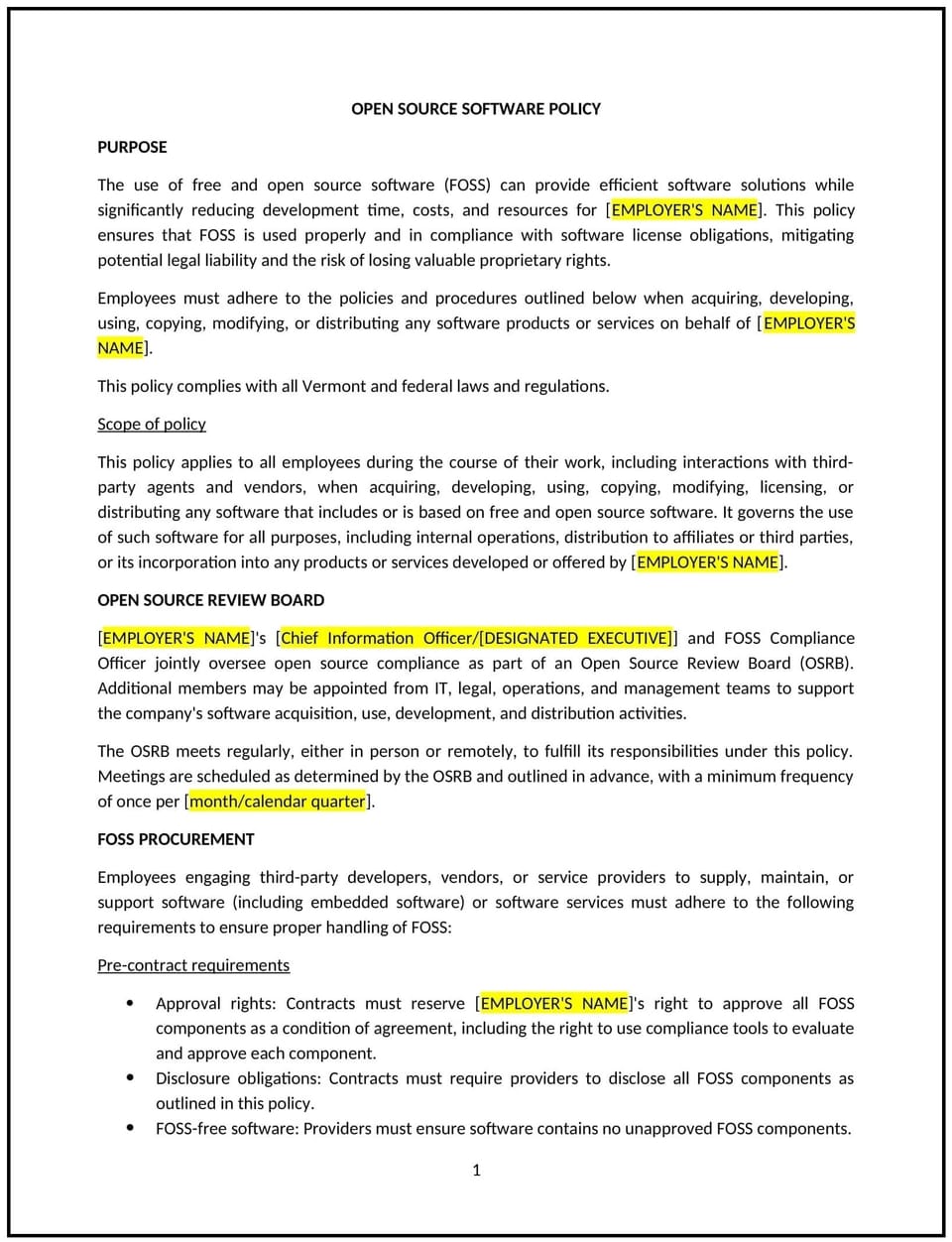 Open source software policy (Vermont): Free template