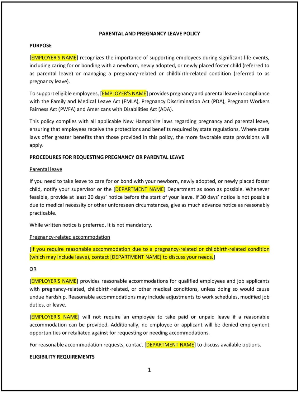 Parental and pregnancy leave policy (New Hampshire): Free template