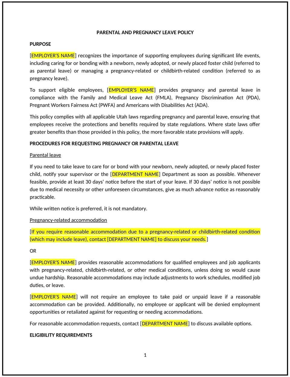 Parental and pregnancy leave policy (Utah): Free template