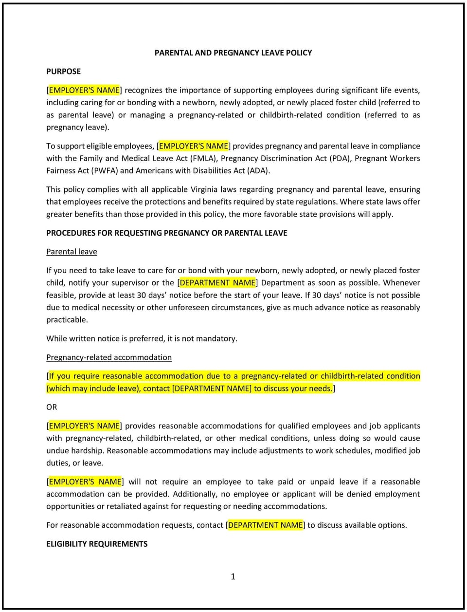 Parental and pregnancy leave policy (Virginia): Free template