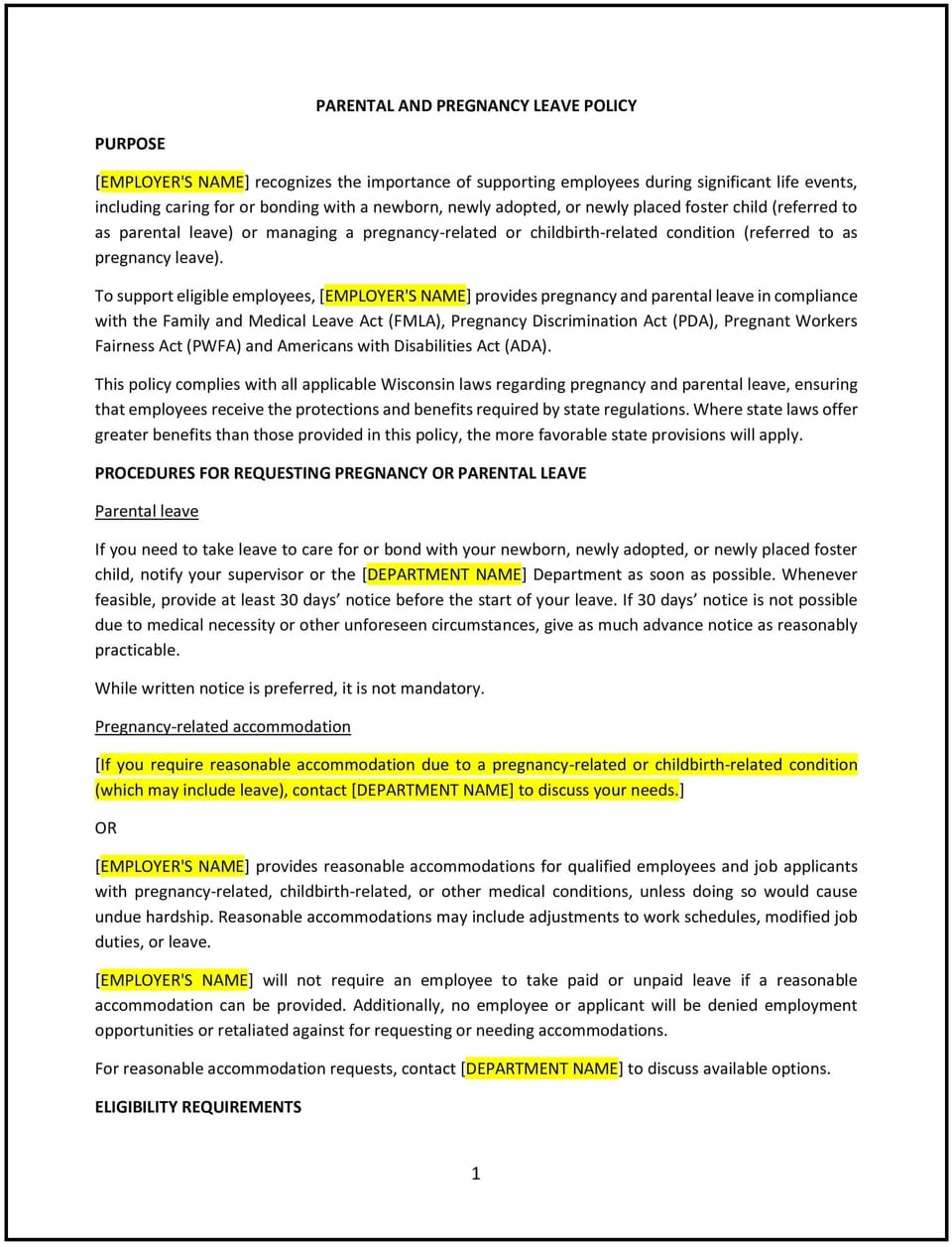 Parental and pregnancy leave policy (Wisconsin): Free template