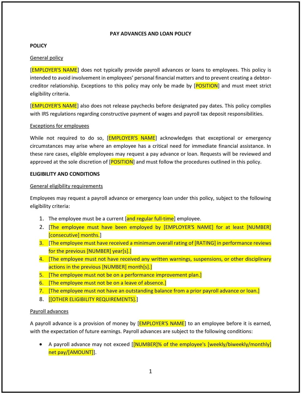 Pay advances and loan policy (Delaware): Free template