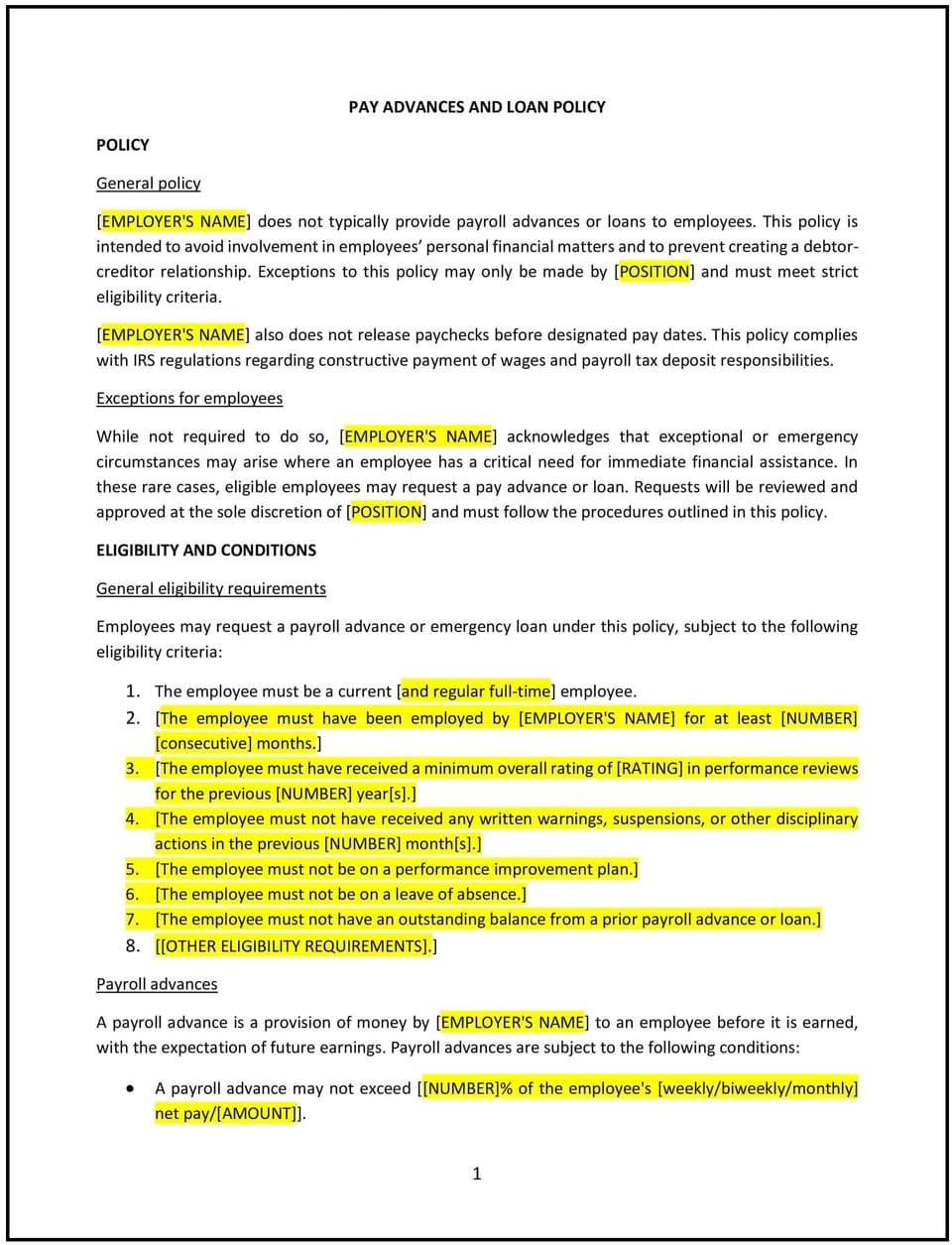 Pay advances and loan policy (Virginia): Free template
