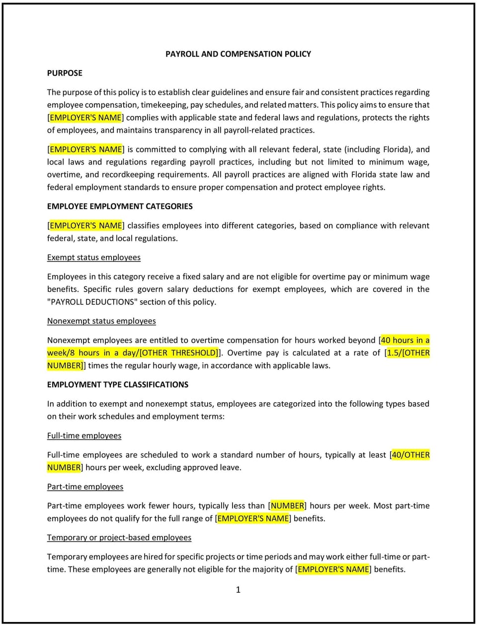 Payroll and compensation policy (Florida): Free template