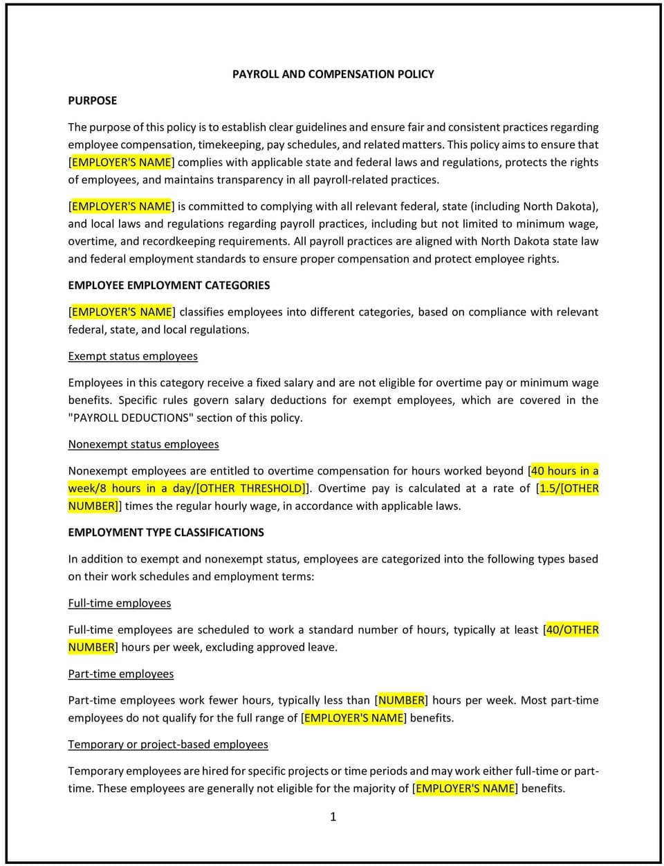Payroll and compensation policy (North Dakota): Free template