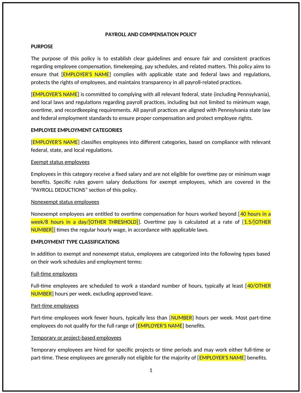 Payroll and compensation policy (Pennsylvania): Free template