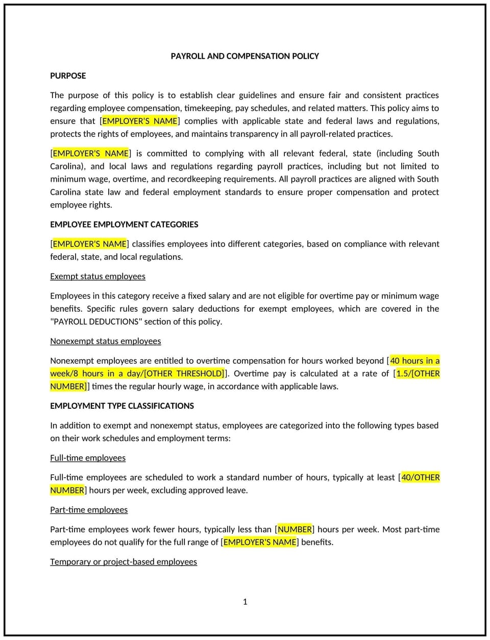 Payroll and compensation policy (South Carolina): Free template