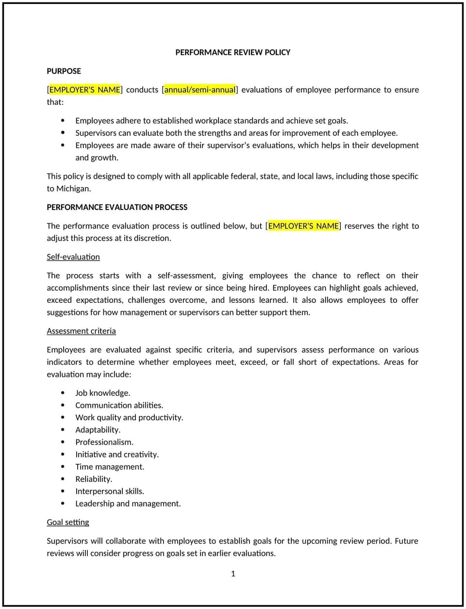 Performance review policy (Michigan): Free template