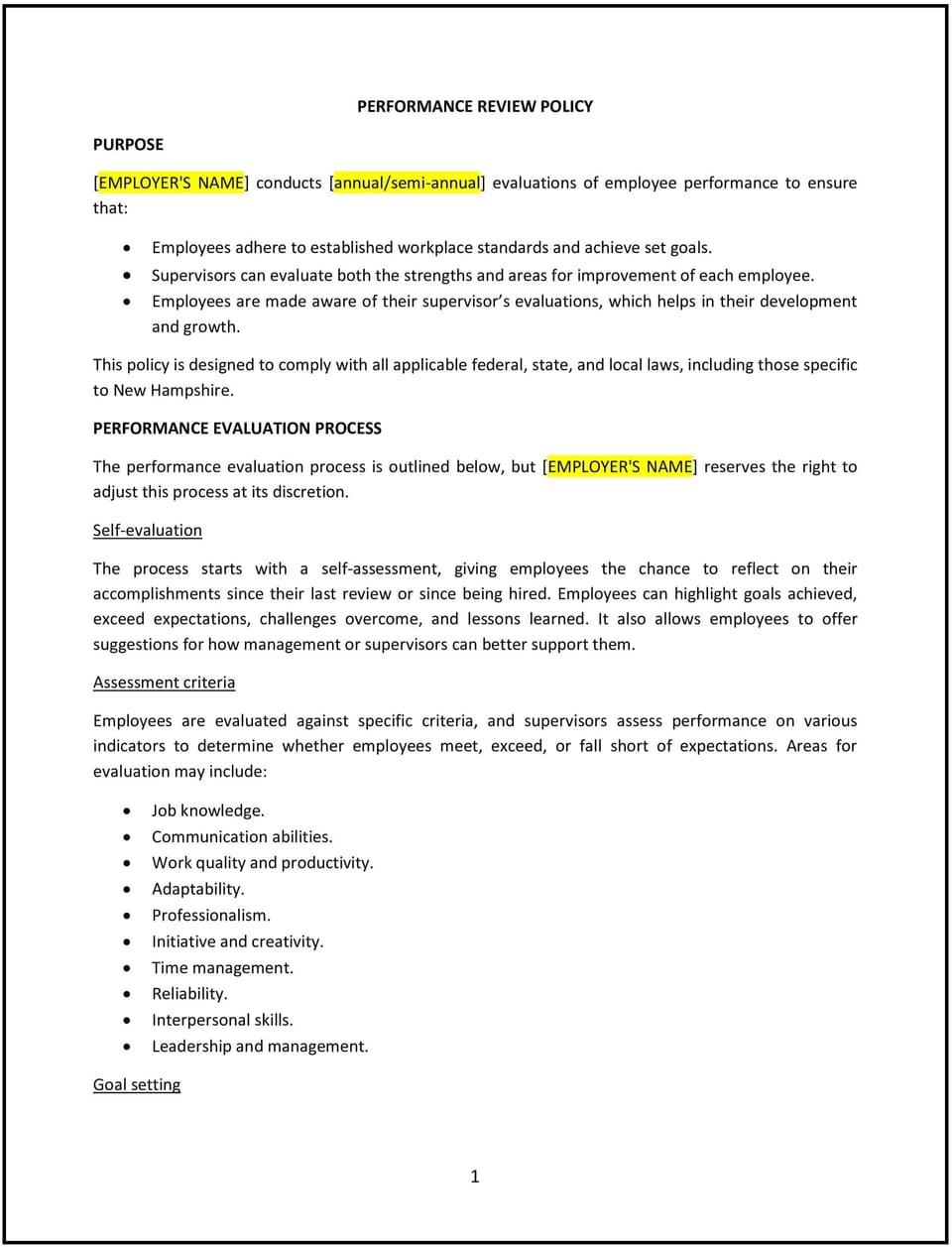Performance review policy (New Hampshire): Free template