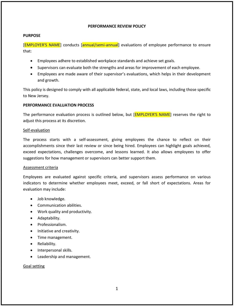 Performance review policy (New Jersey): Free template
