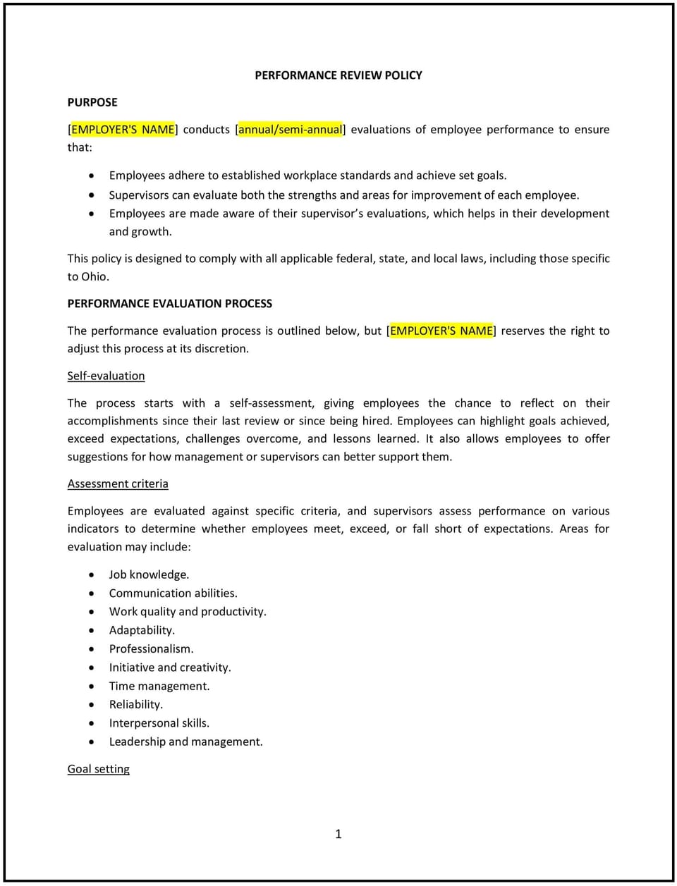Performance review policy (Ohio): Free template