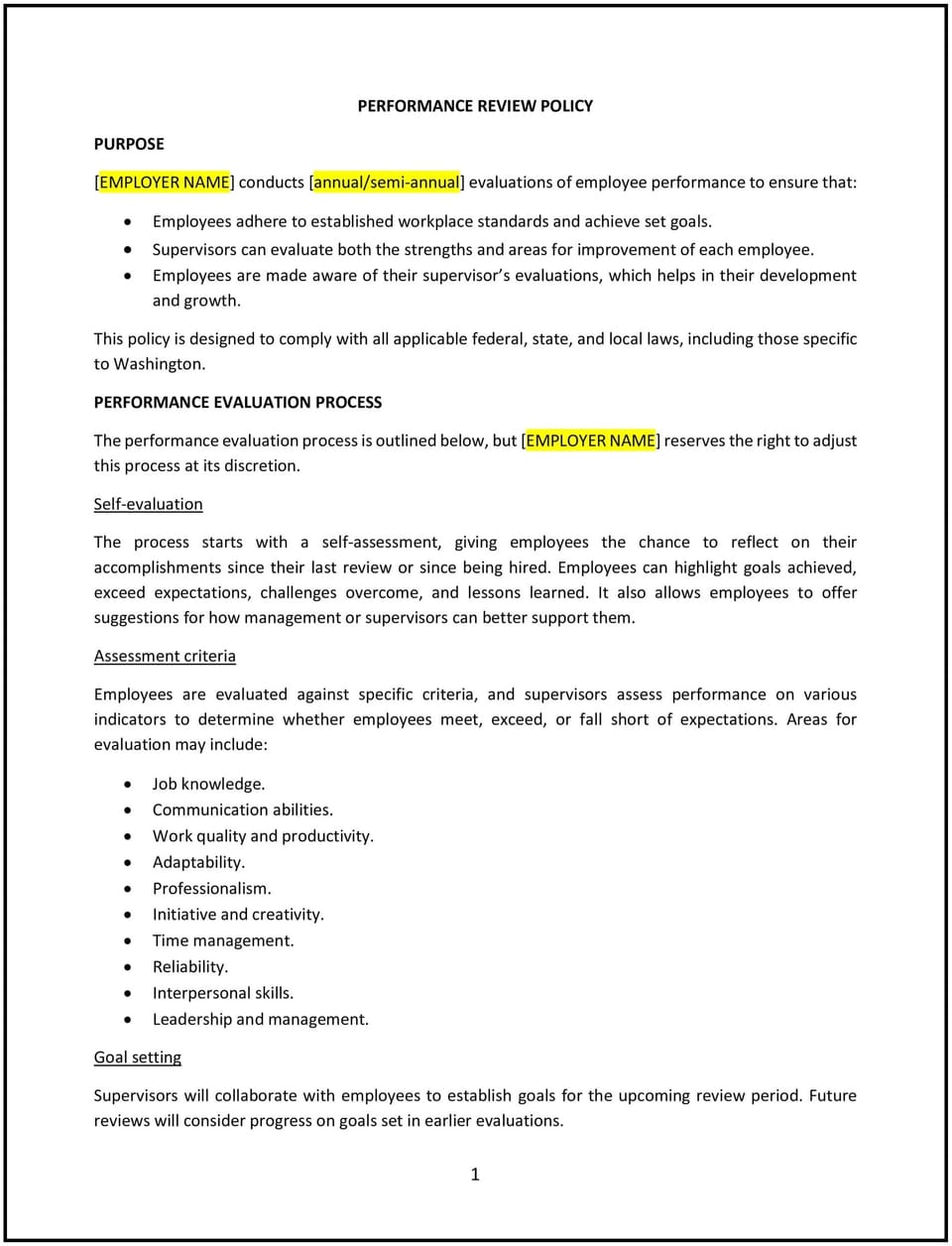 Performance review policy (Washington): Free template