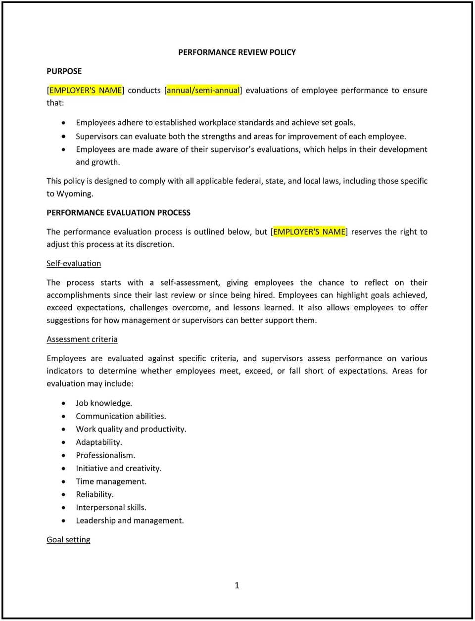 Performance review policy (Wyoming): Free template