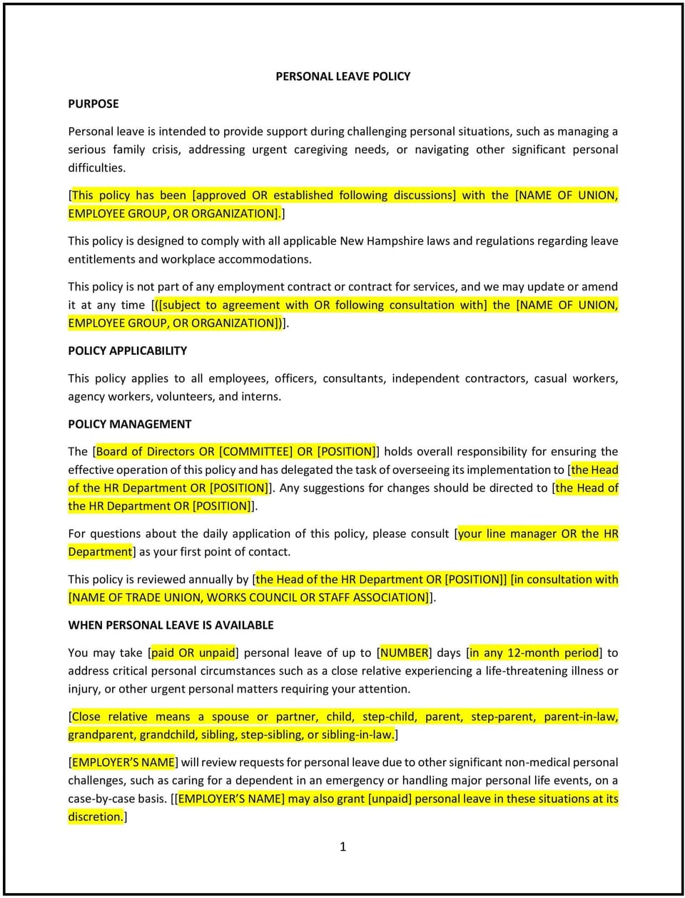 Personal leave policy (New Hampshire): Free template