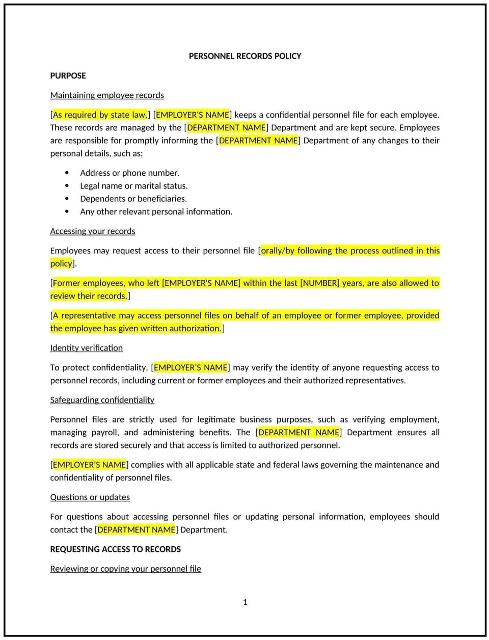 Personnel records policy (Kansas): Free template