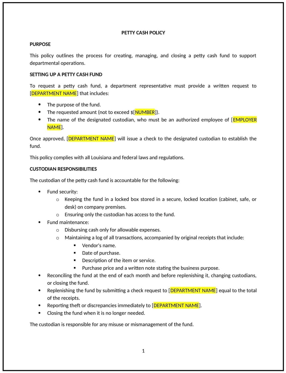 Petty cash policy (Louisiana): Free template