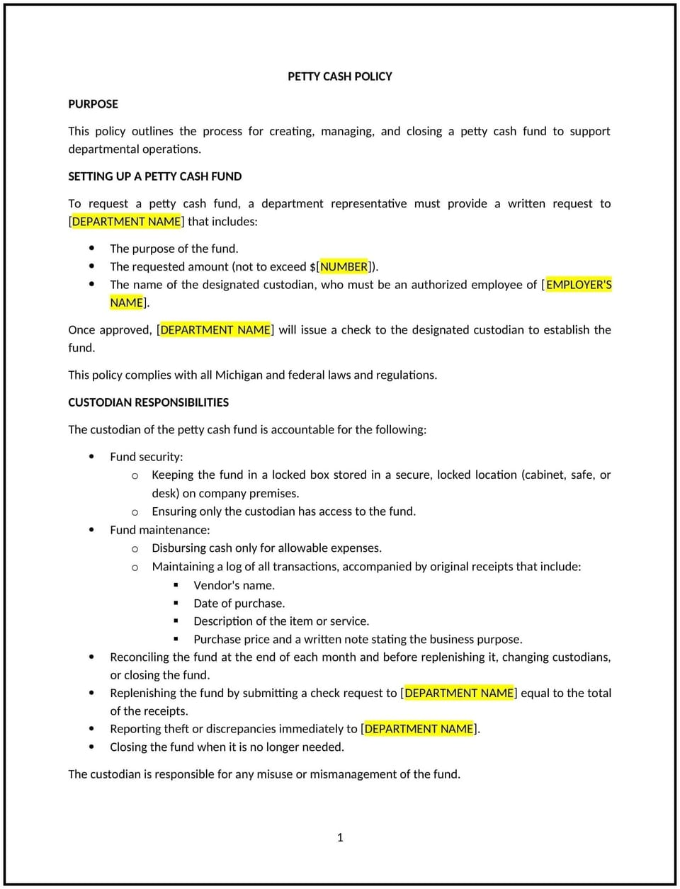 Petty cash policy (Michigan): Free template