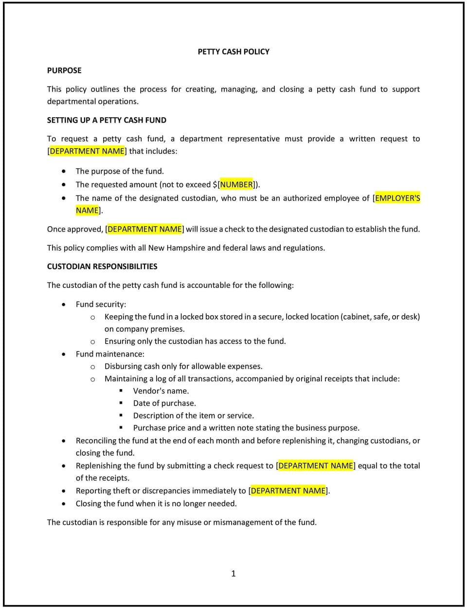 Petty cash policy (New Hampshire): Free template