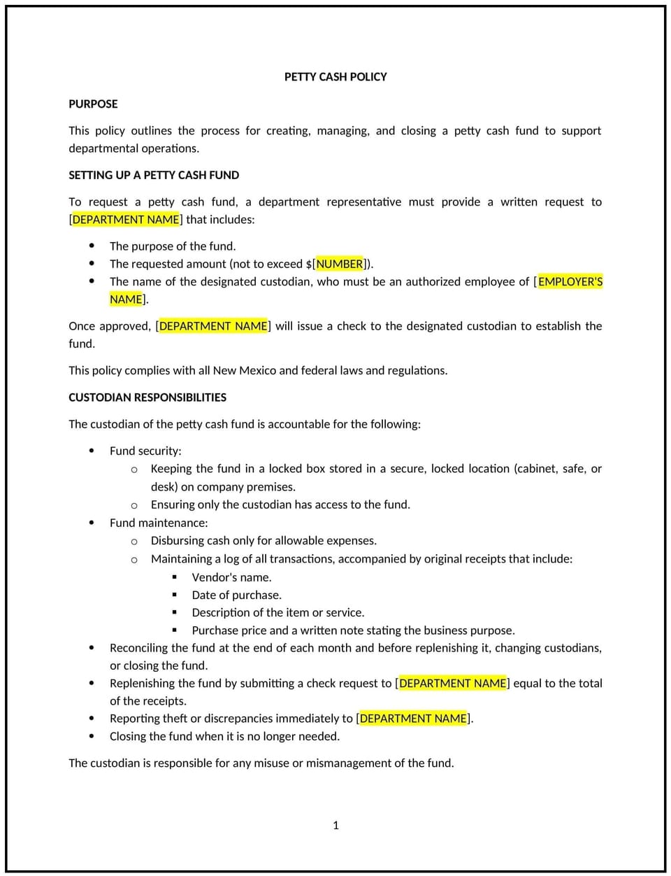 Petty cash policy (New Mexico): Free template