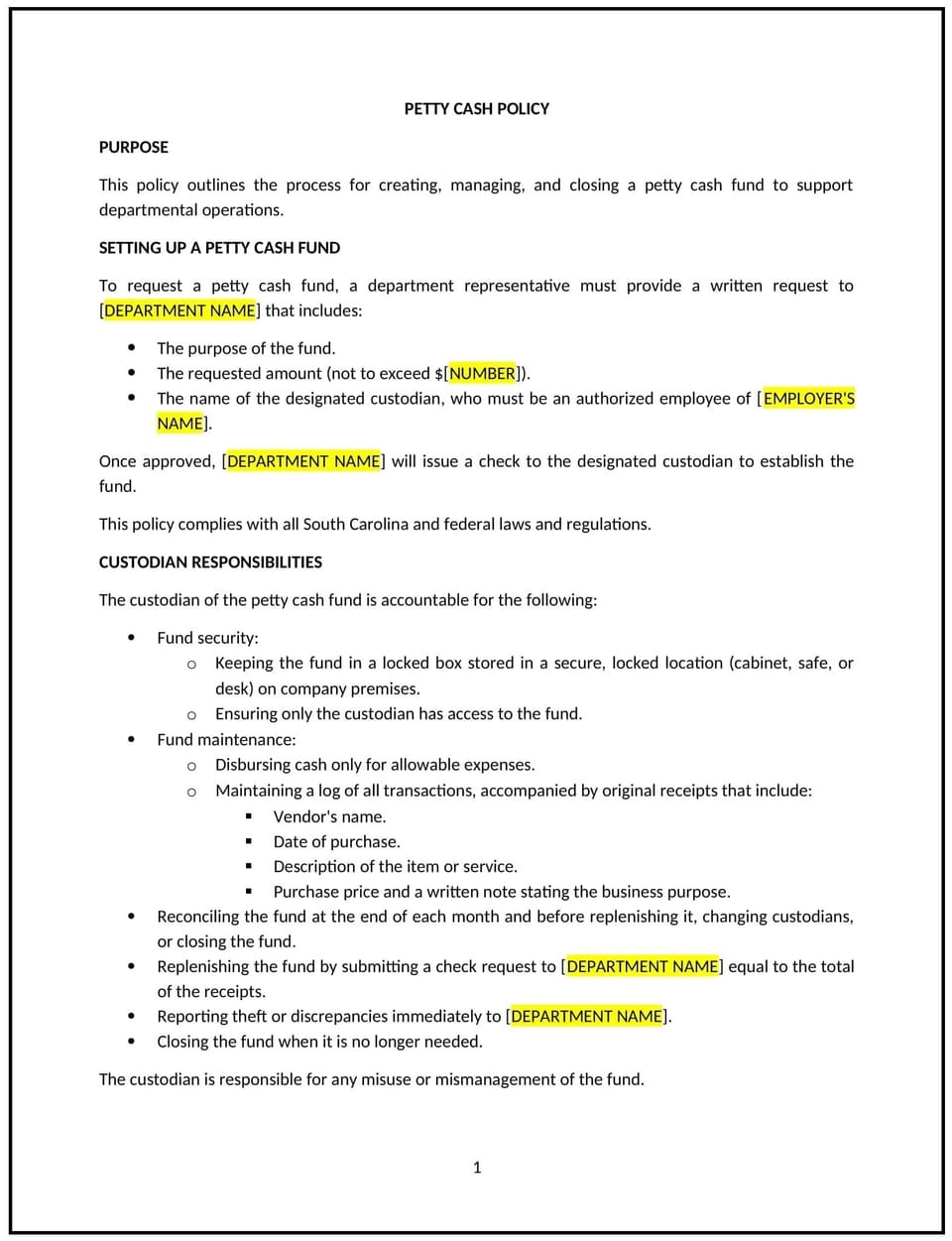 Petty cash policy (South Carolina): Free template