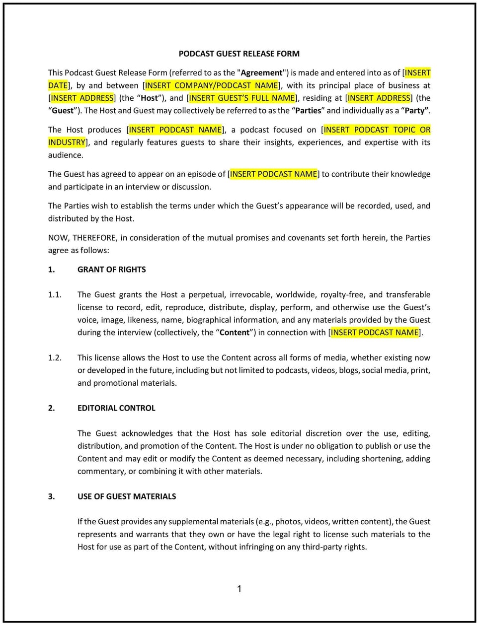 Podcast Guest Release Form (Indiana): Free template