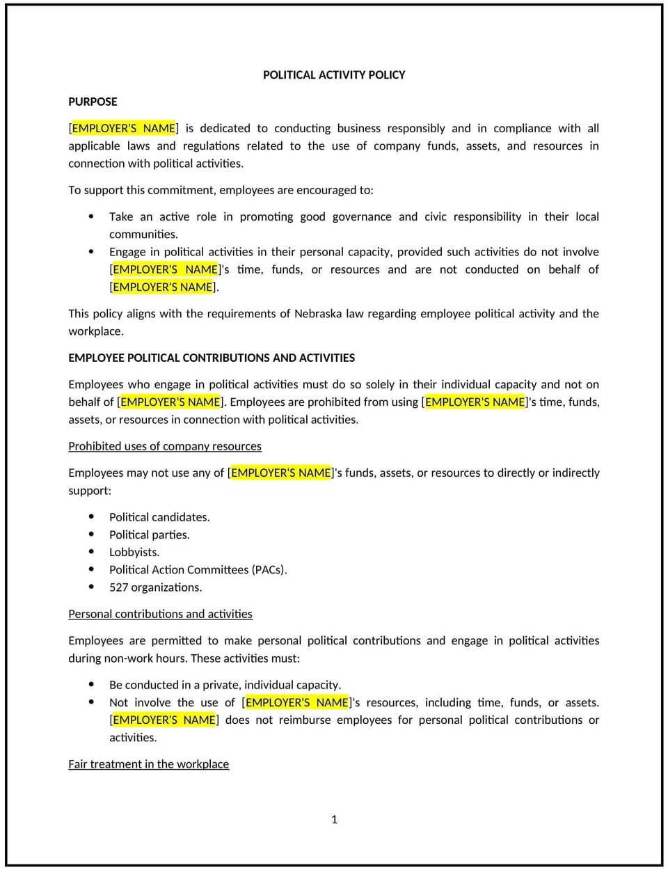 Political activity policy (Nebraska): Free template