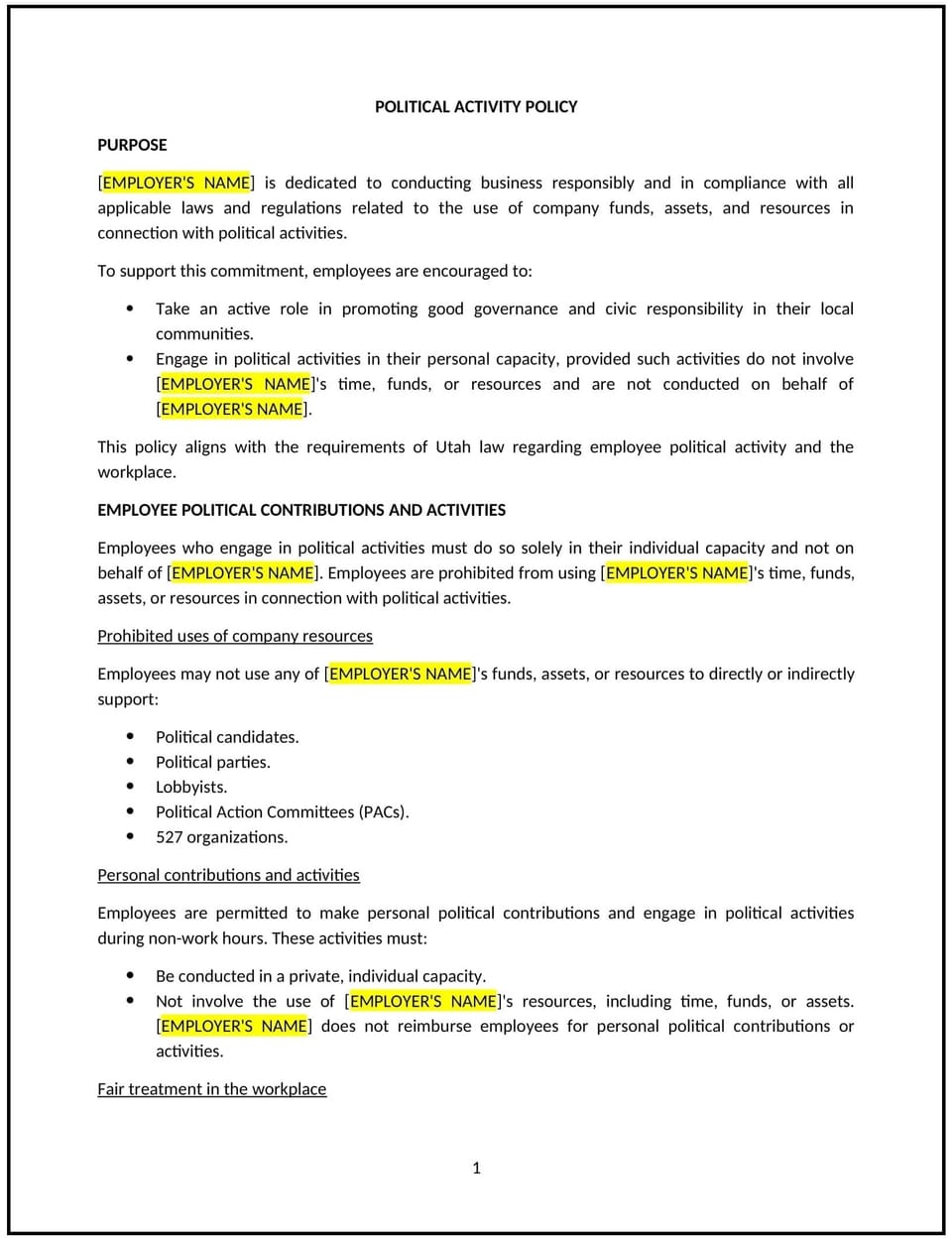 Political activity policy (Utah): Free template