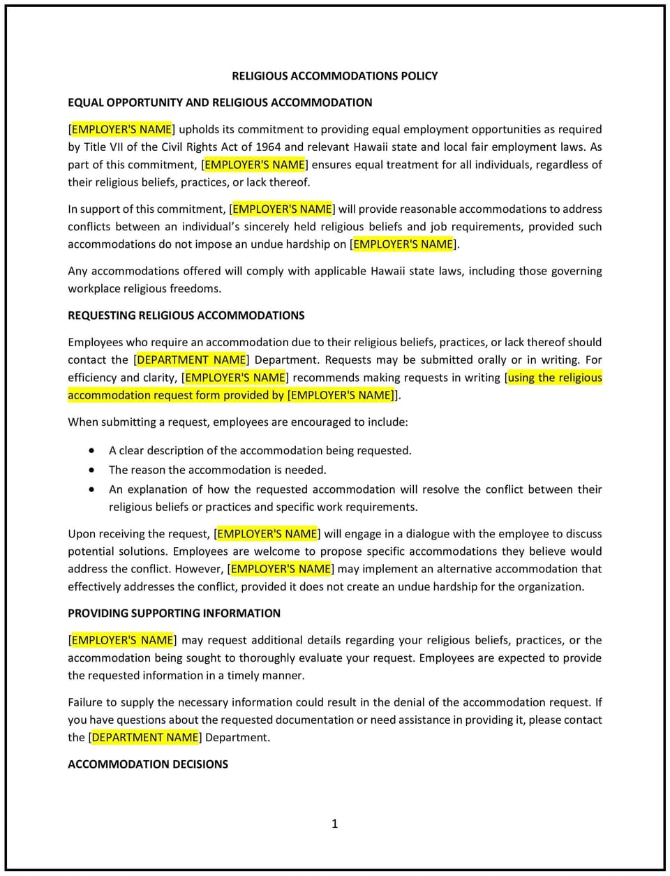 Religious accommodations policy (Hawaiʻi): Free template