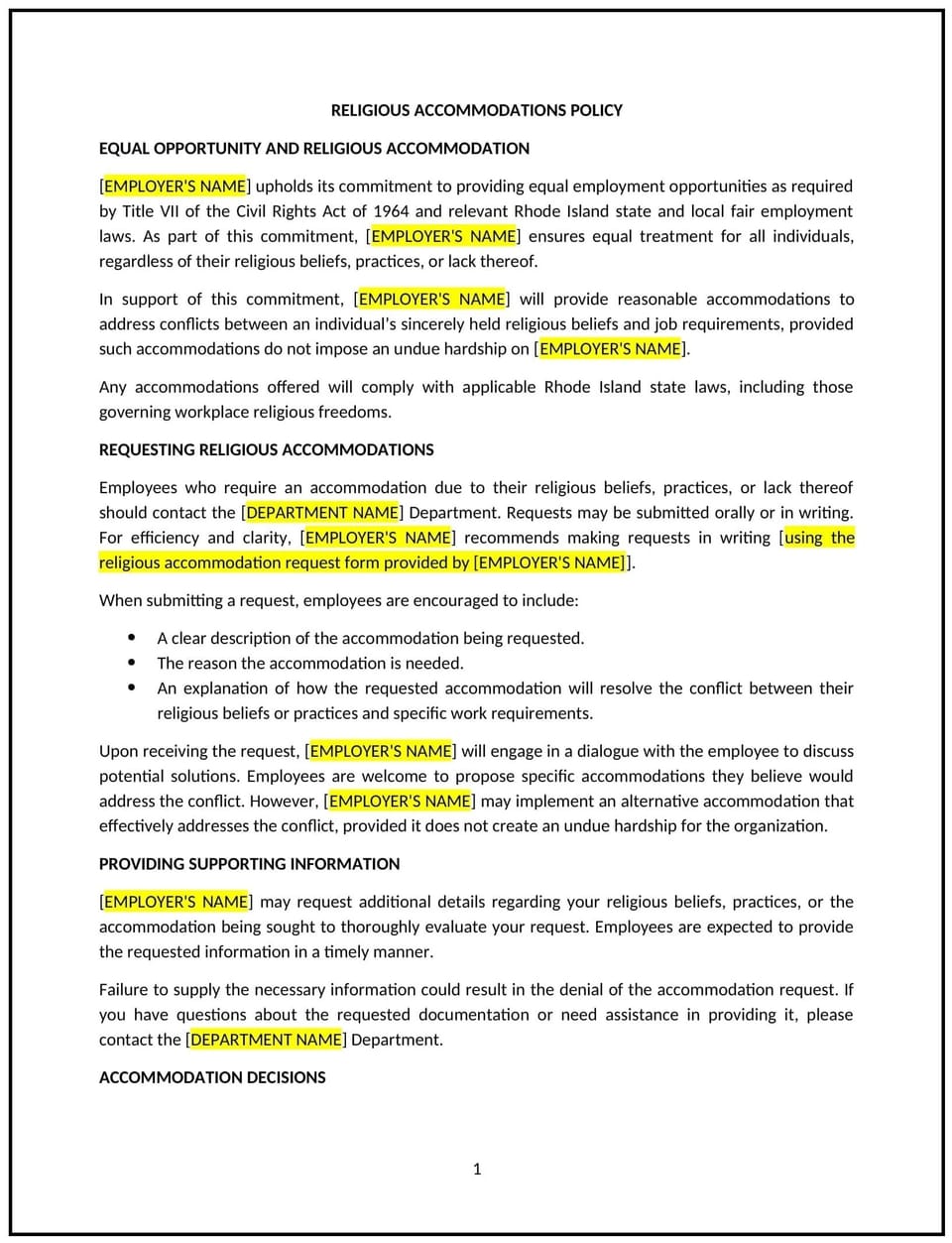 Religious accommodations policy (Rhode Island): Free template