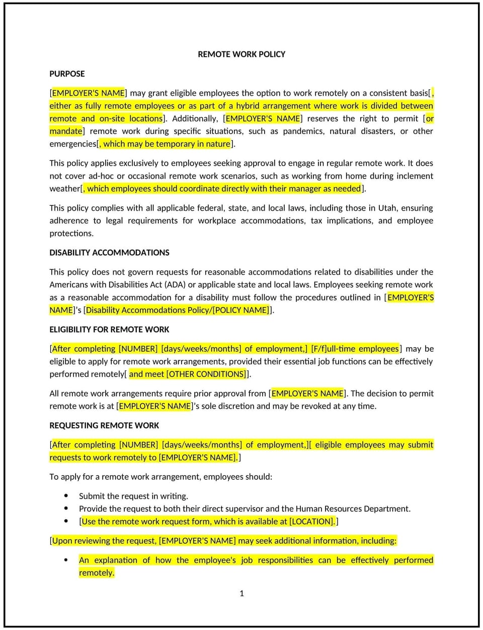 Remote work policy (Utah): Free template