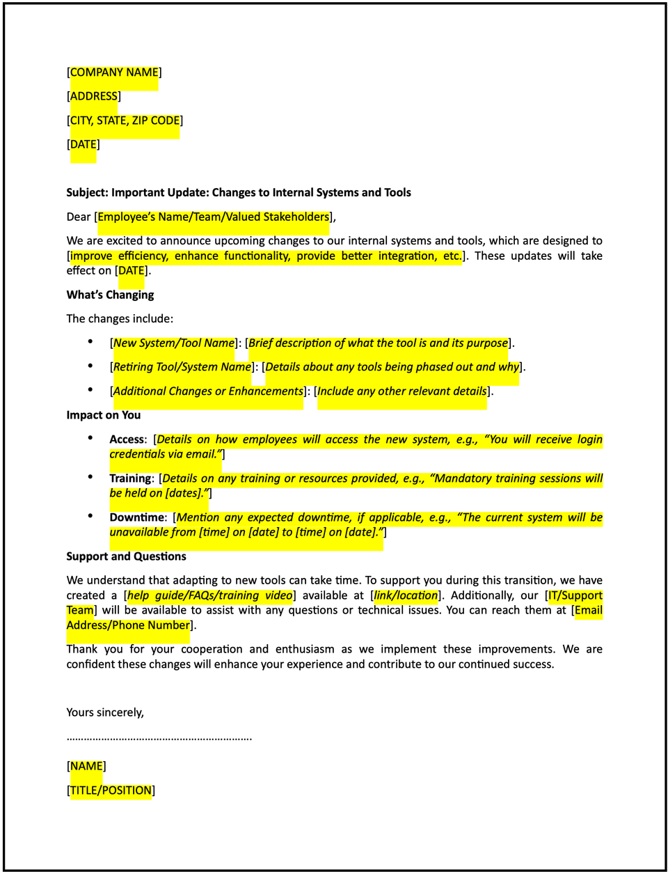 Letter of changes to internal systems and tools: Free template