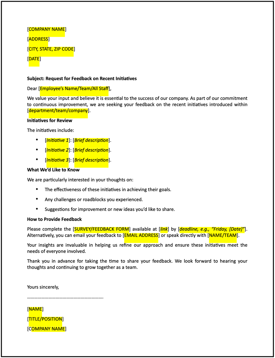 Letter requesting feedback on recent internal initiatives: Free template