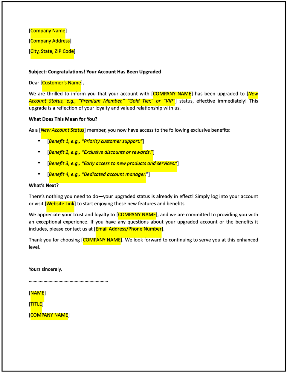 Letter of an upgrade to a customer’s account status: Free template