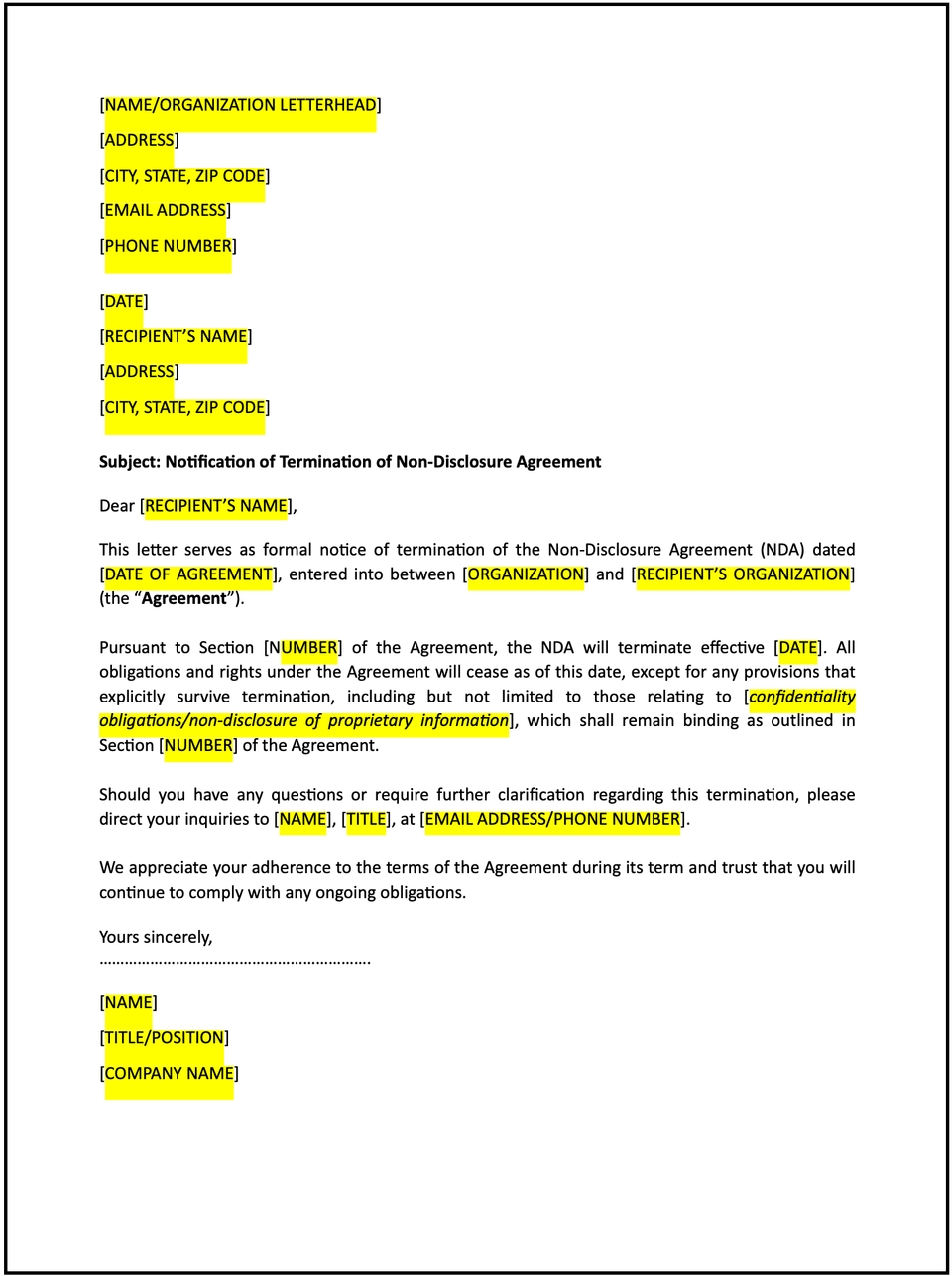 Notification letter of termination of NDA: Free template