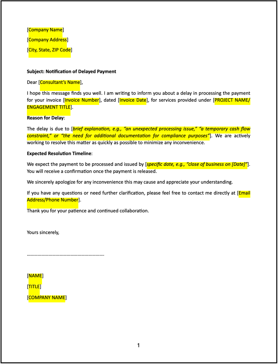 Notification letter of delayed payment to consultant: Free template