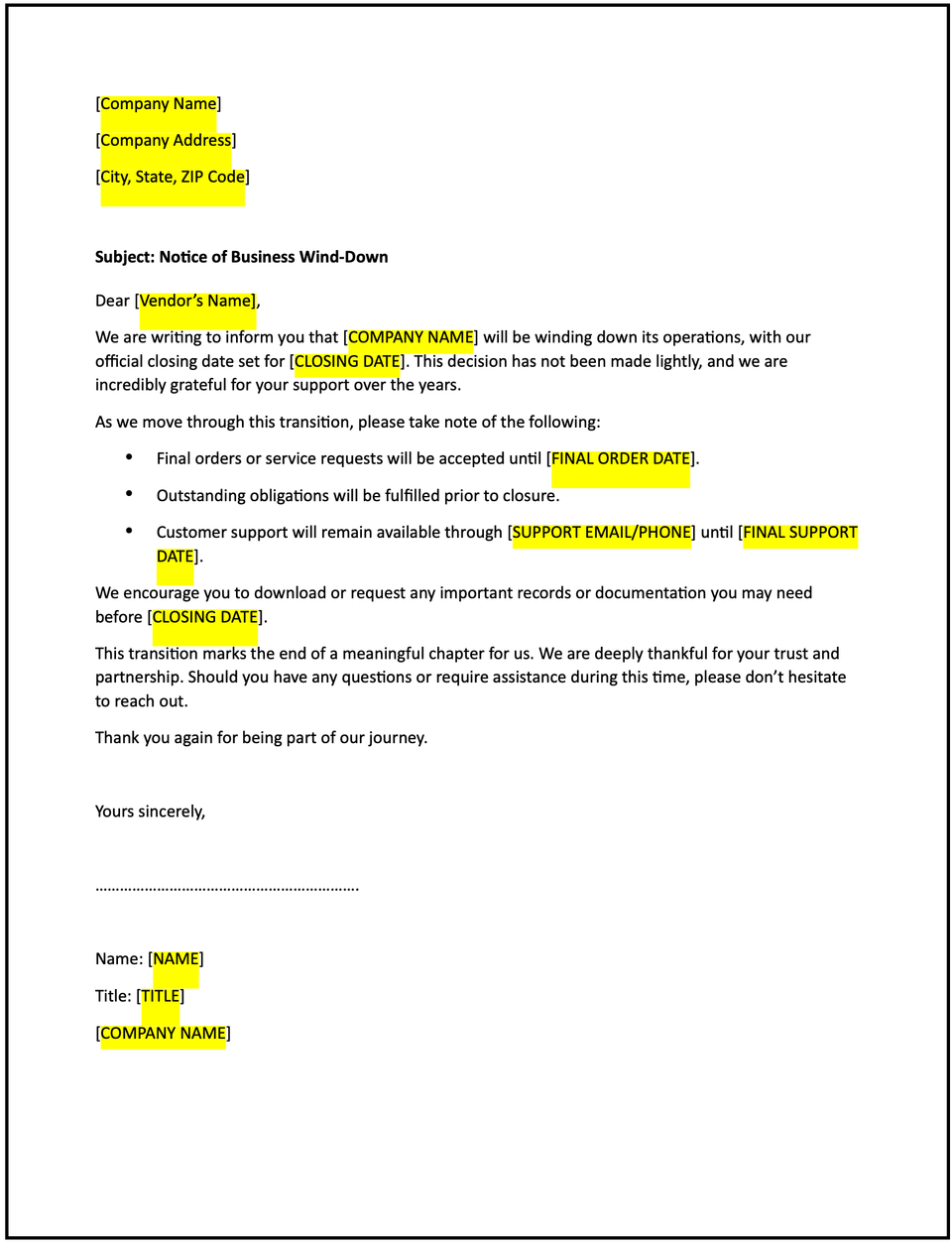 Notification letter of winding down of the business: Free template