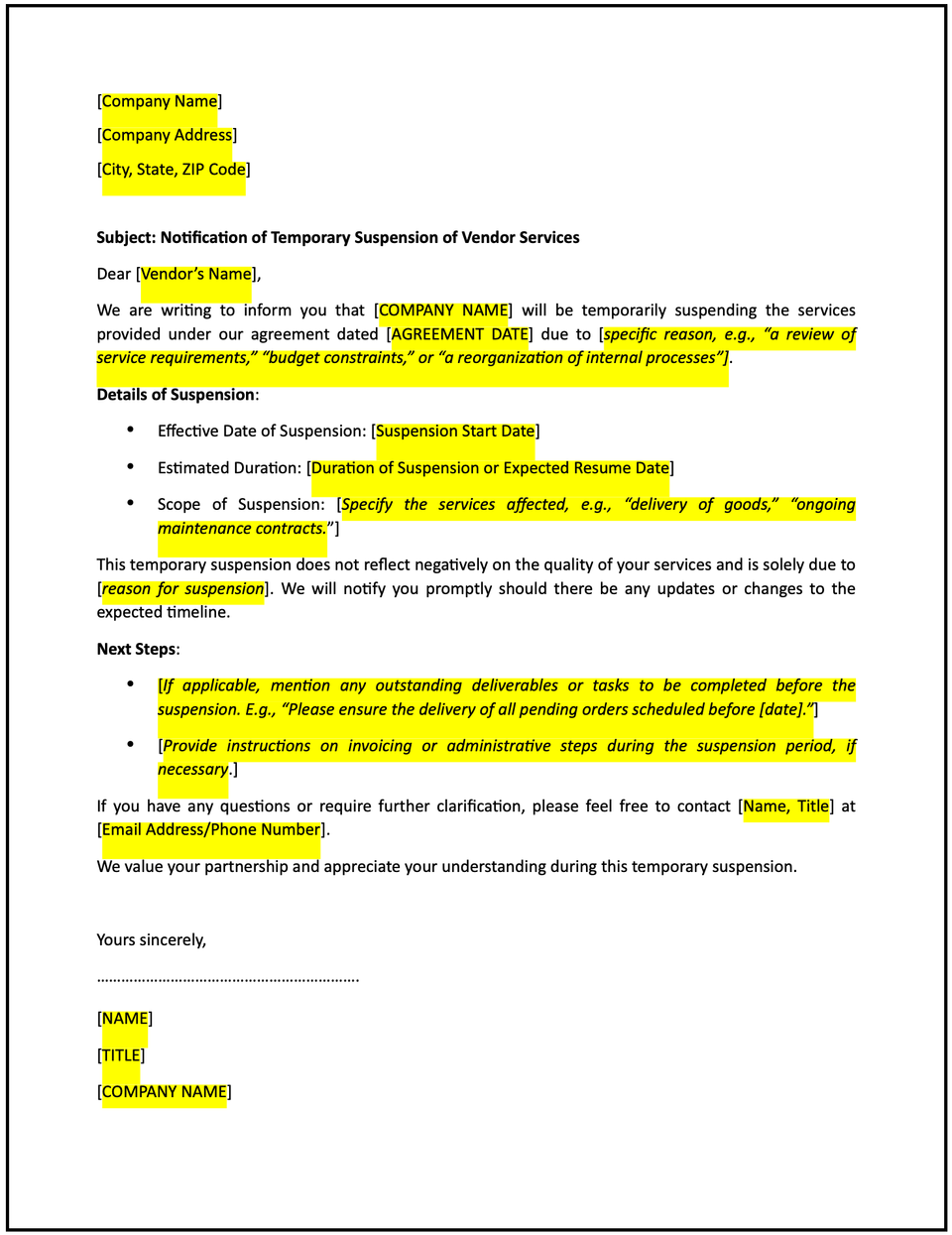 Notification letter of temporary suspension of vendor services: Free template