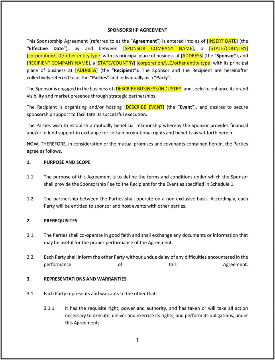 Sponsorship Agreement (Indiana): Free template