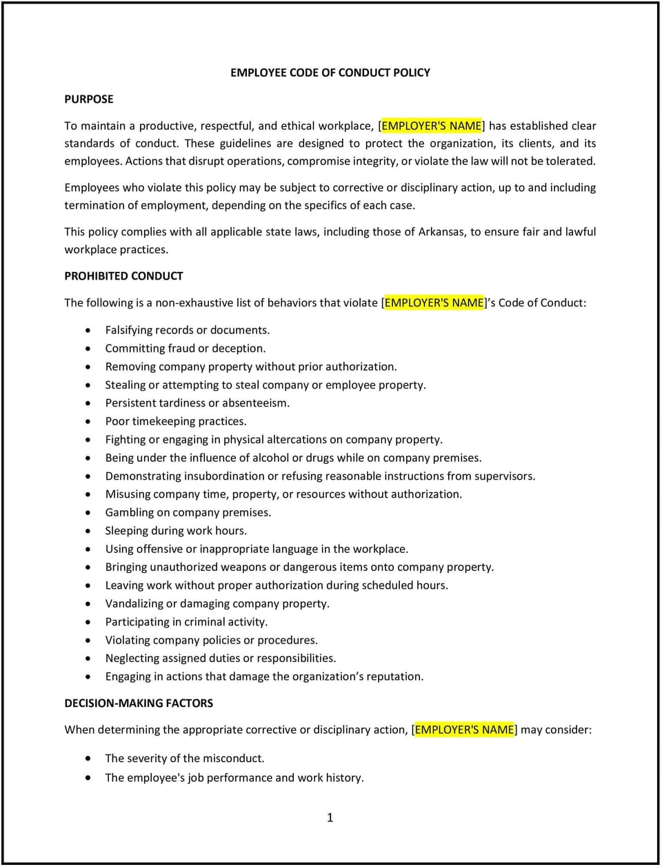 Standards of conduct policy (Arkansas): Free template