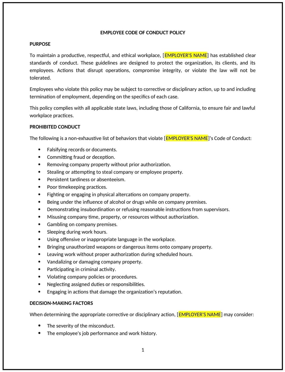 Standards of conduct policy (California): Free template