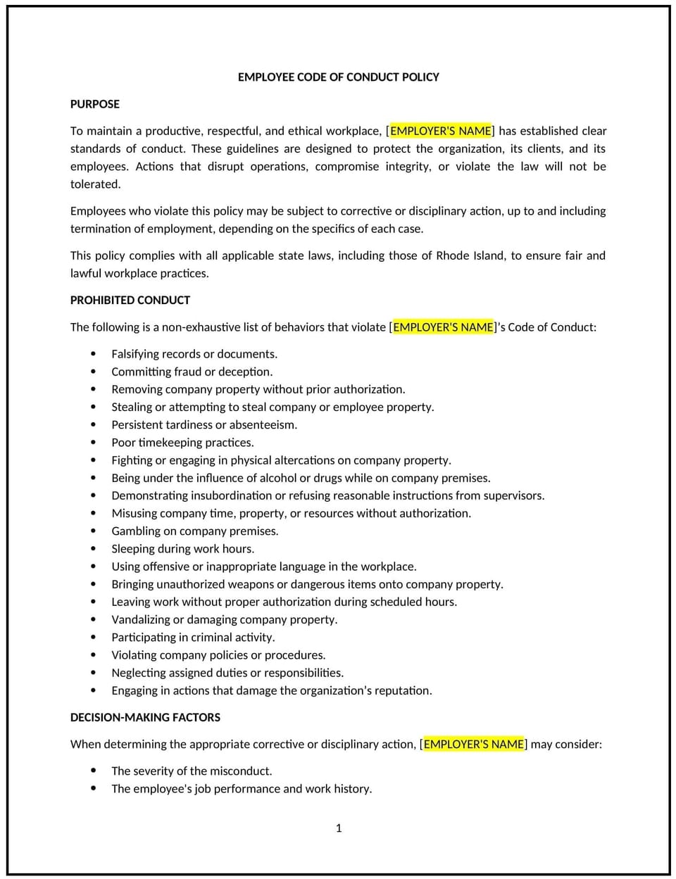 Standards of conduct policy (Rhode Island): Free template