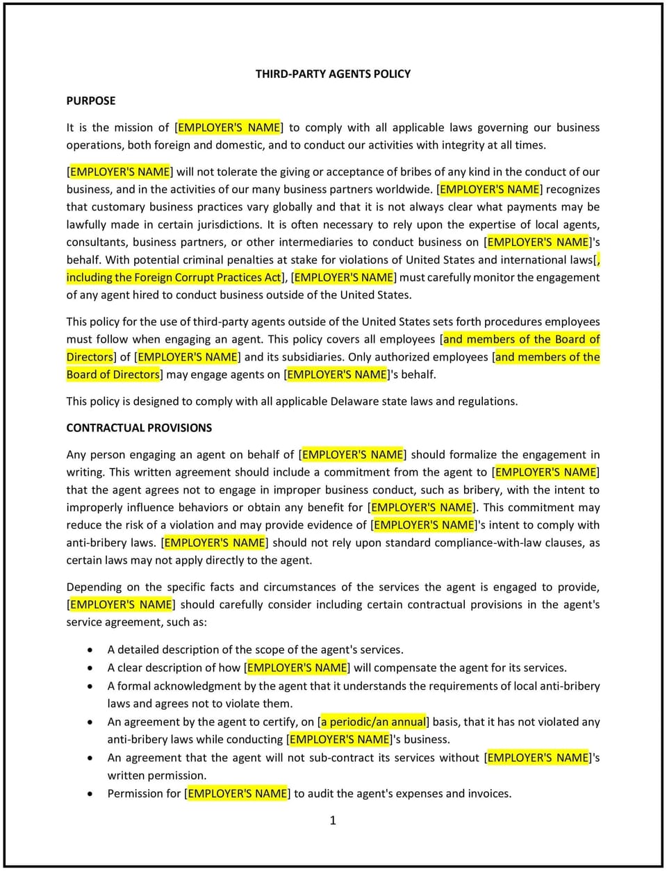 Third-party agents policy (Delaware): Free template