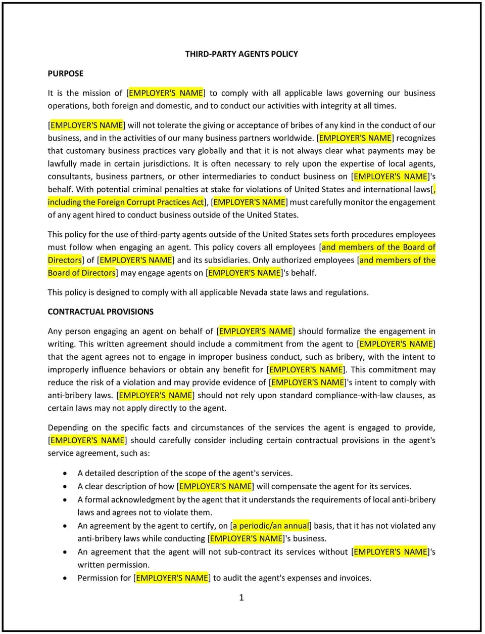 Third-party agents policy (Nevada): Free template