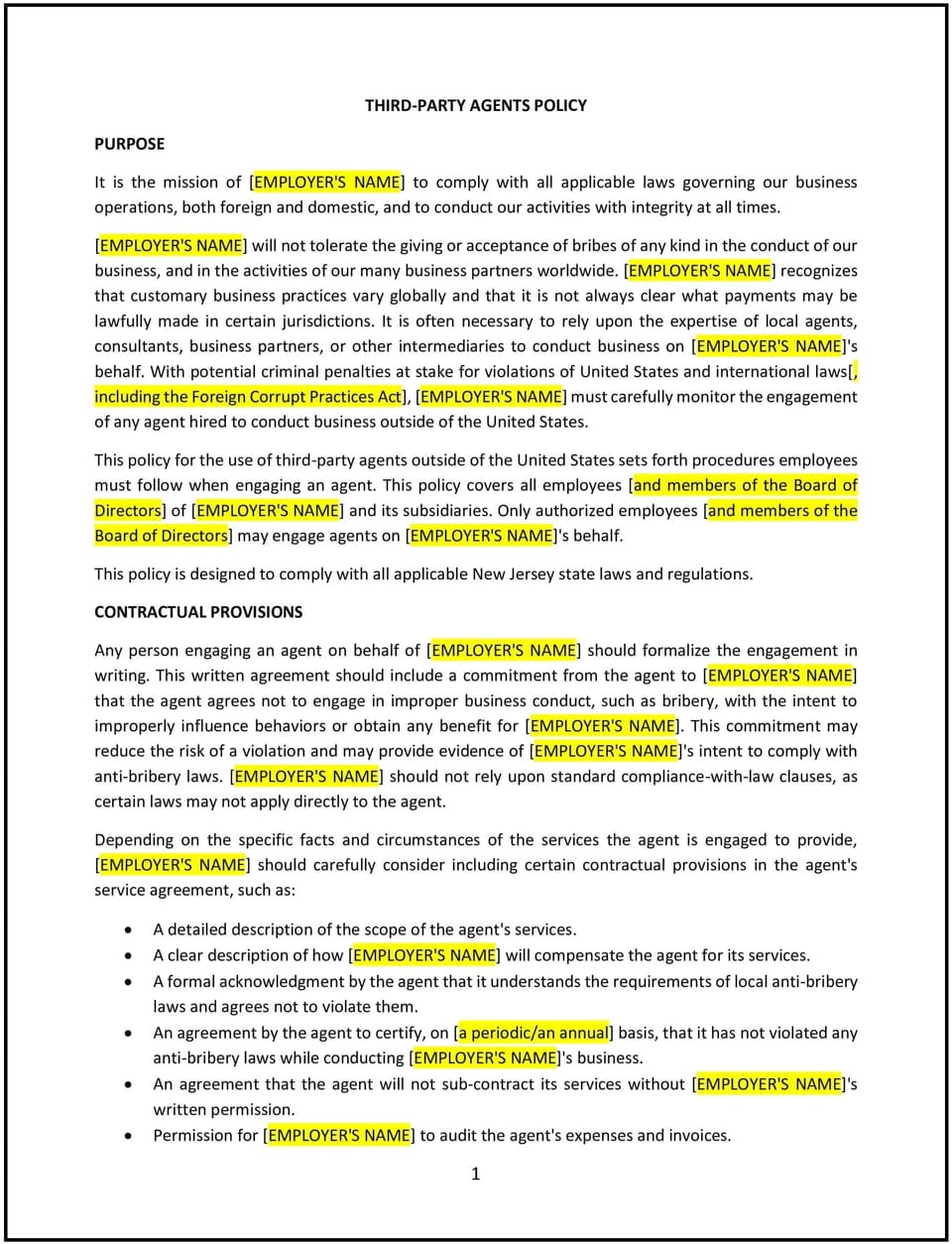 Third-party agents policy (New Jersey): Free template