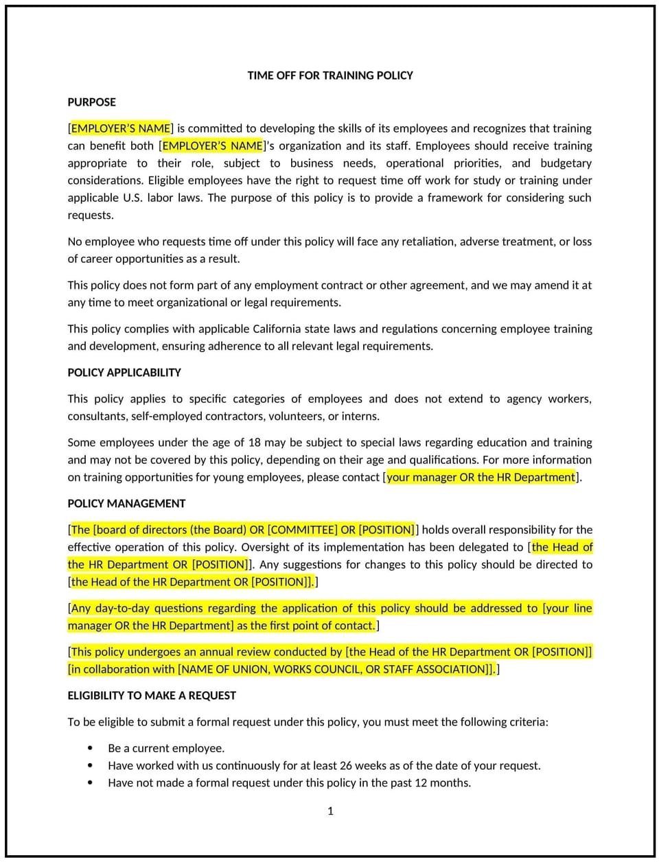Time off for training policy (California): Free template