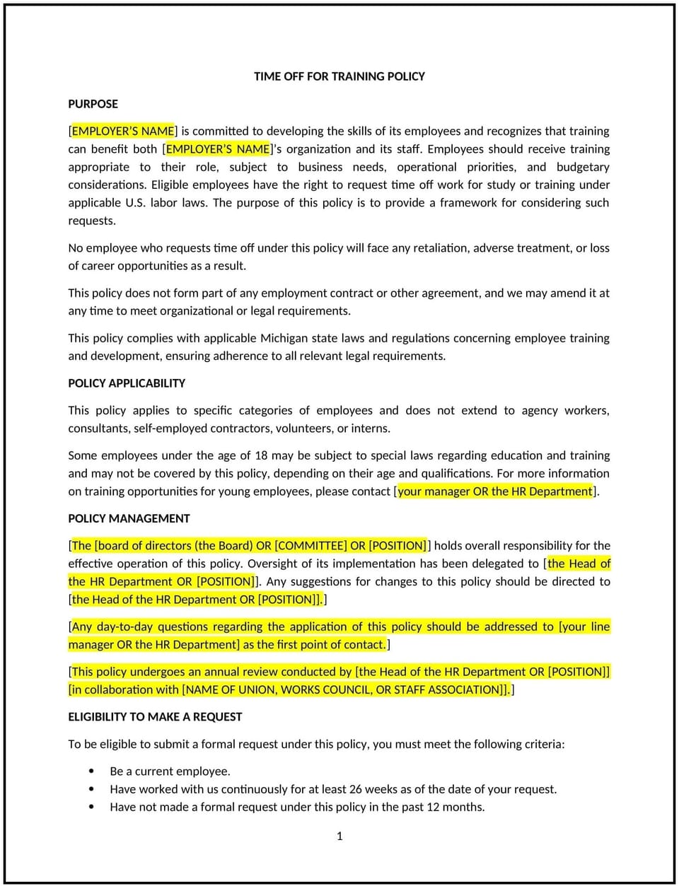 Time off for training policies (Michigan): Free template