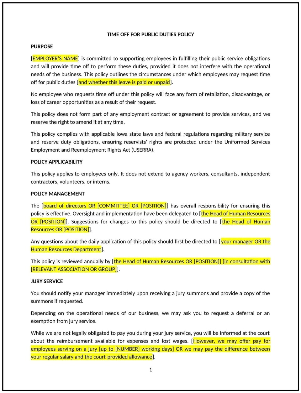 Time off for public duties policy (Iowa): Free template