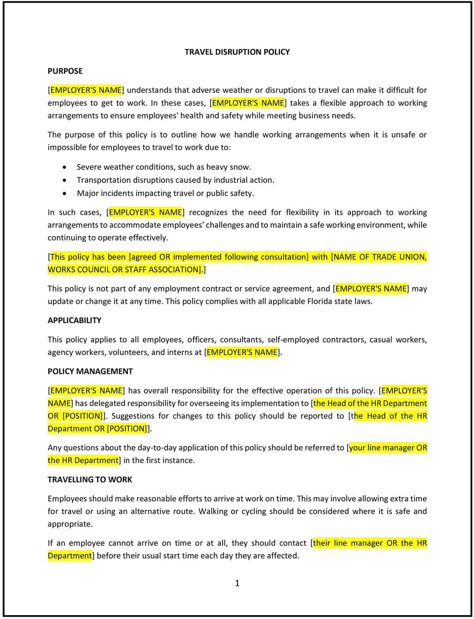 Travel disruption policy (Florida): Free template