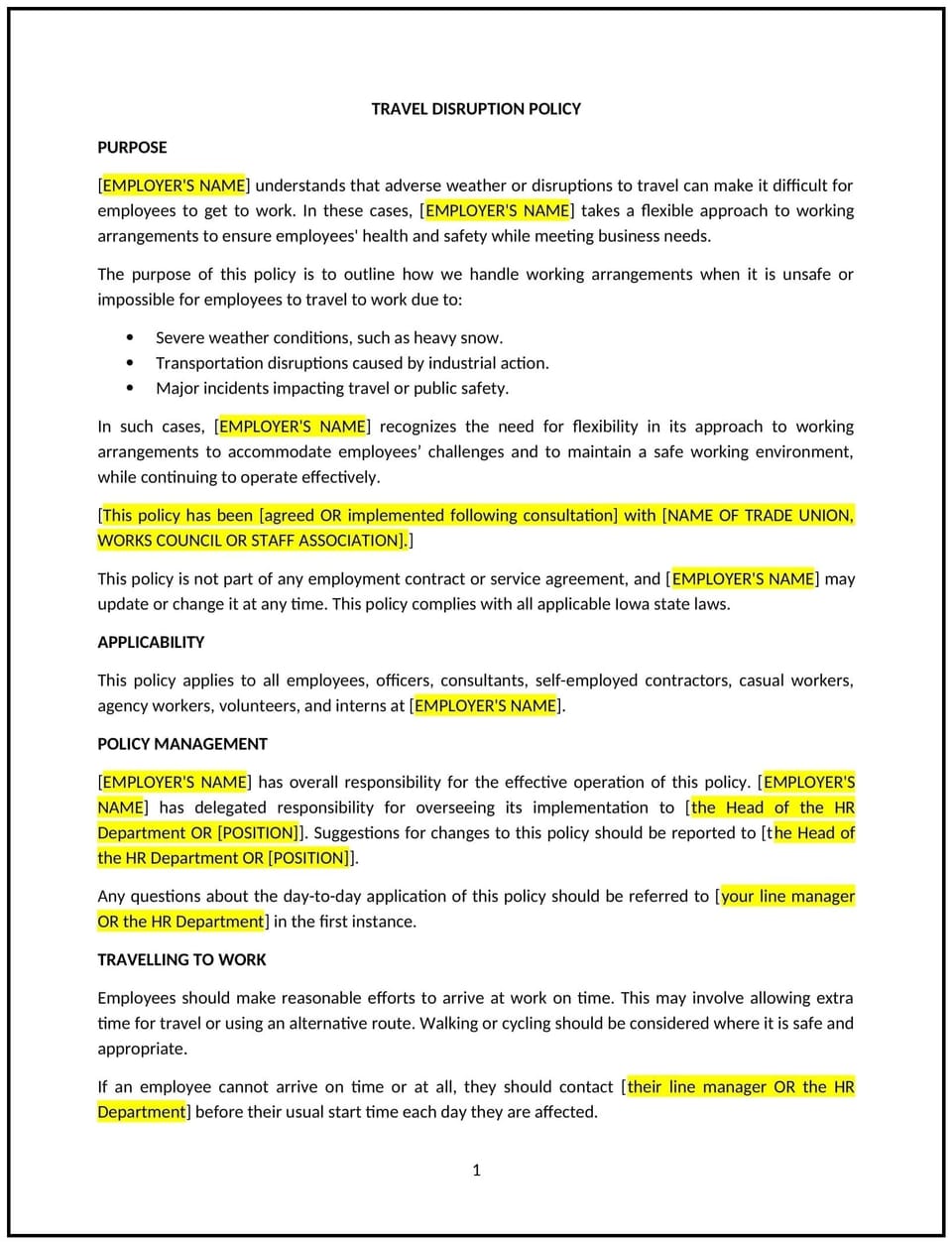 Travel disruption policy (Iowa): Free template