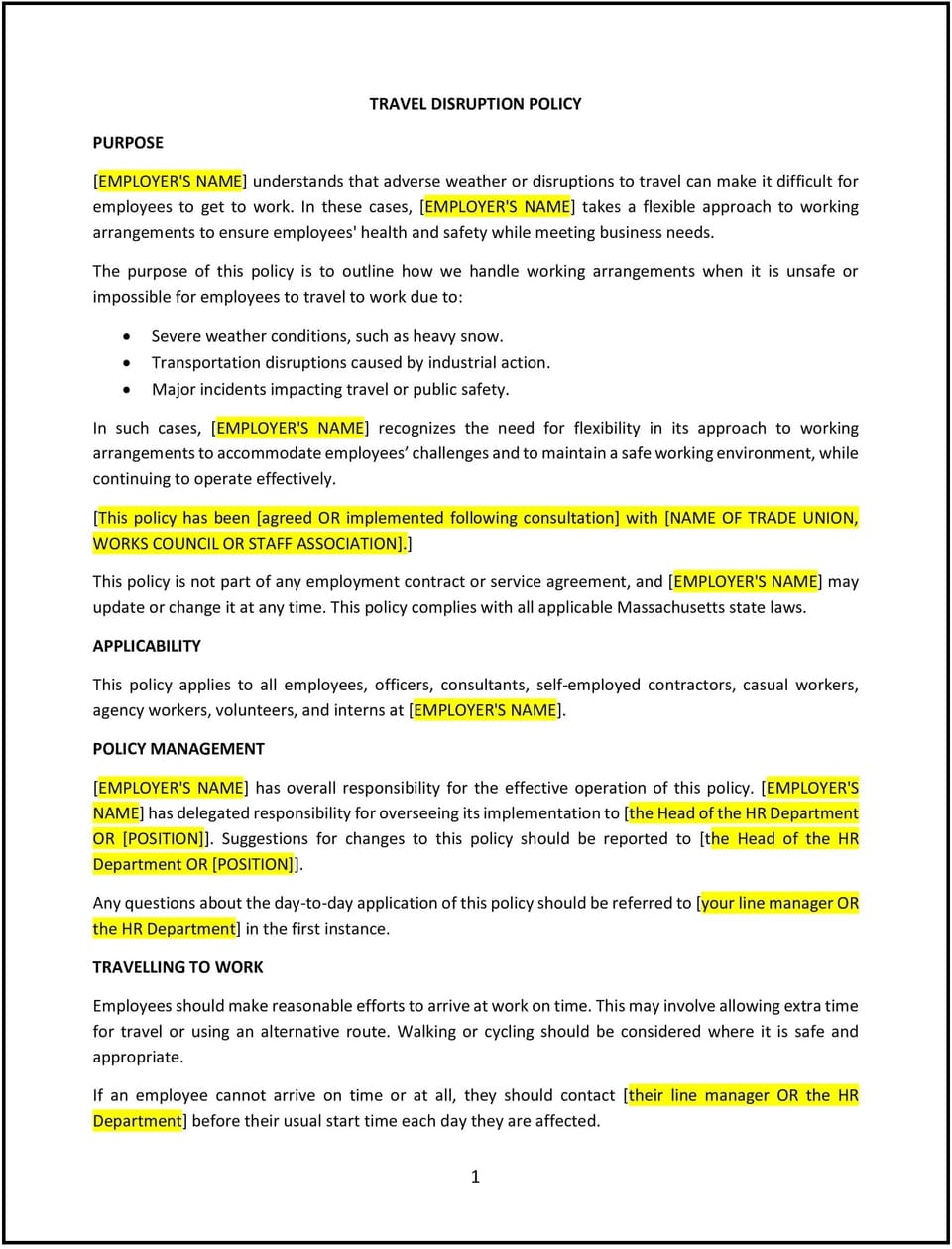 Travel disruption policy (Massachusetts): Free template